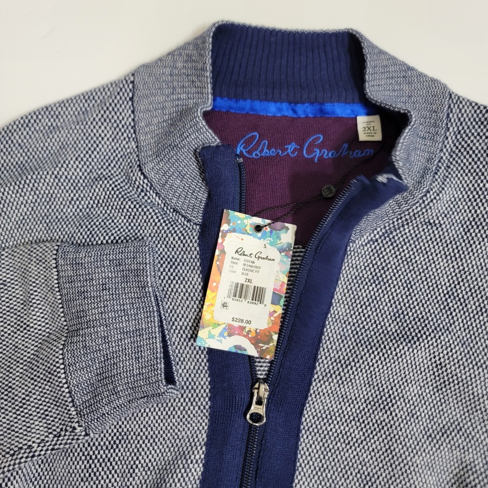 Robert Graham Stefan Blue Full Zip Sweater‎ Classic Fit Mens 2XL $228 Wool Blend